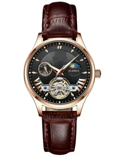 Часы наручные механические с автоподзаводом ПРЕМИУМ на кожаном ремешке, серебристый/коричневый W10350-02