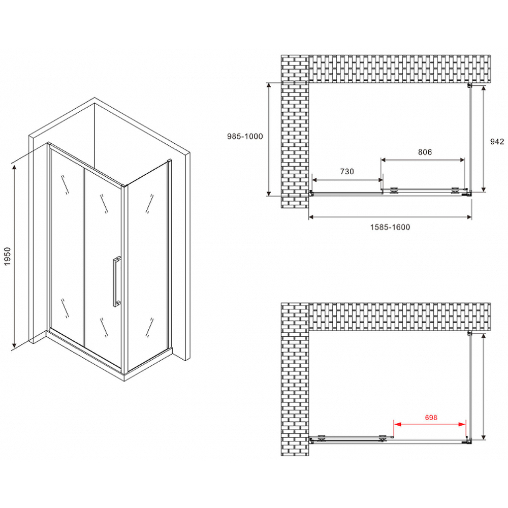 Душевой уголок Abber Schwarzer Diamant 160x100 AG30160BMH-S100BM профиль Черный стекло матовое