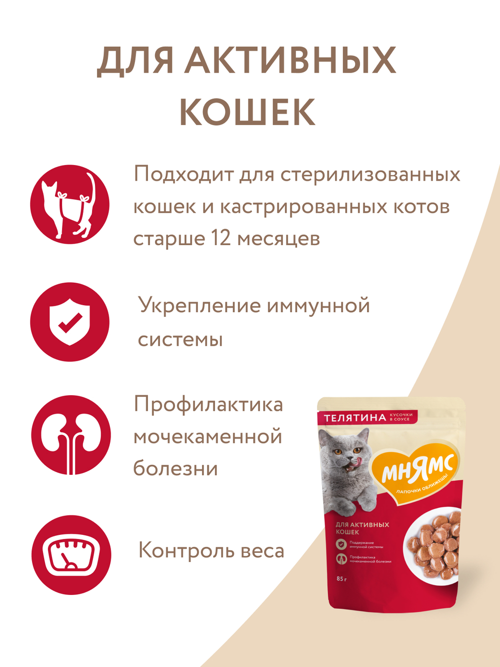 Влажный корм Мнямс На каждый день Кусочки в соусе с телятиной для активных кошек 85 г