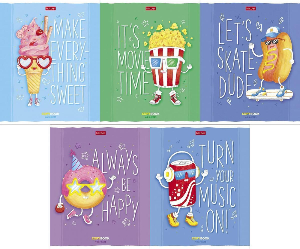 Тетрадь А5ф 48л клетка на скобе, ассорти "Веселый ФастФуд" (Хатбер)