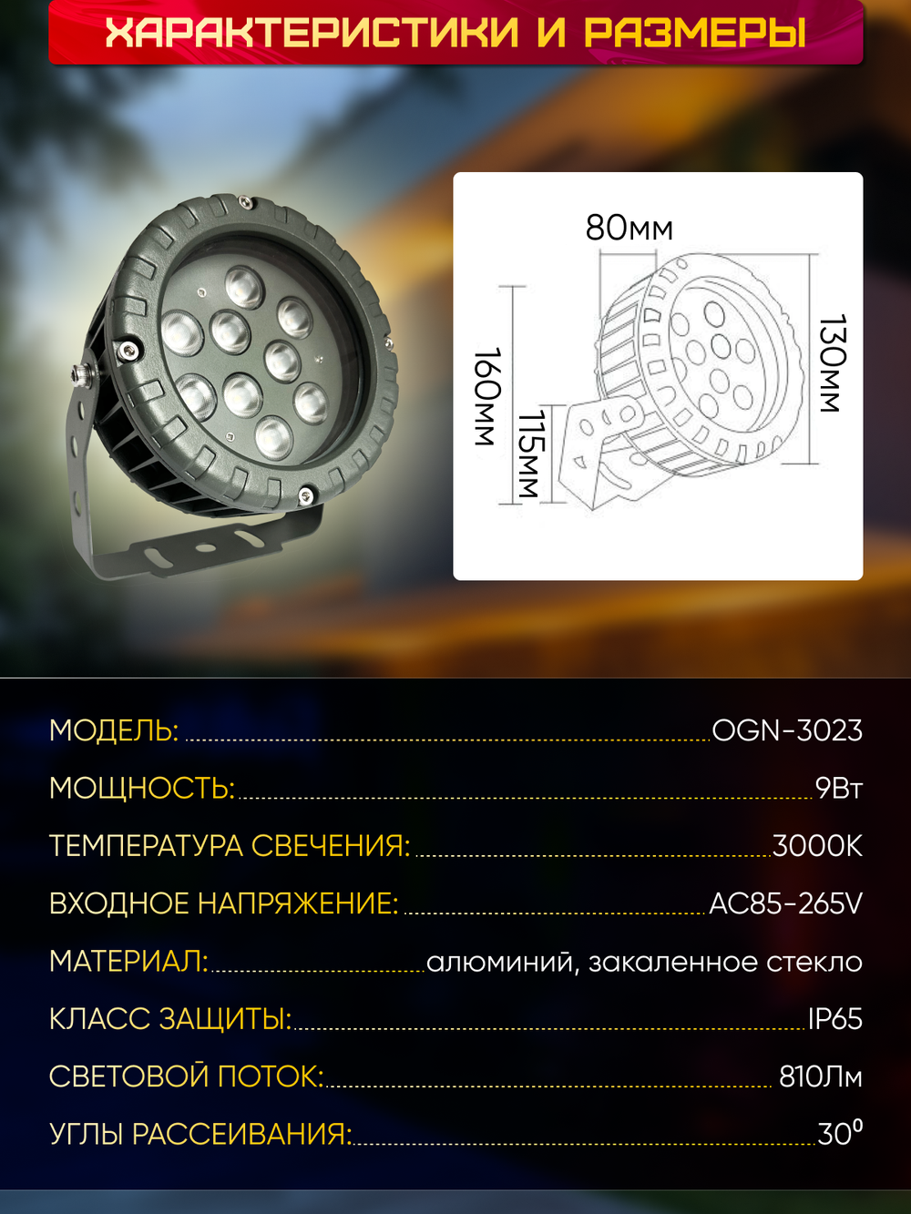 Прожектор для архитектурного и ландшафтного освещения 220V 9W 3000К теплый белый, угол 30 градусов