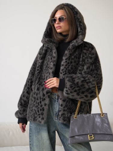 Серая леопардовая шуба из эко-меха