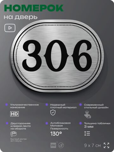 Номерок на дверь квартиры 306, для кабинета, офиса, шильдик 9 х 7 см, брашированная сталь, Айдентика Технолоджи