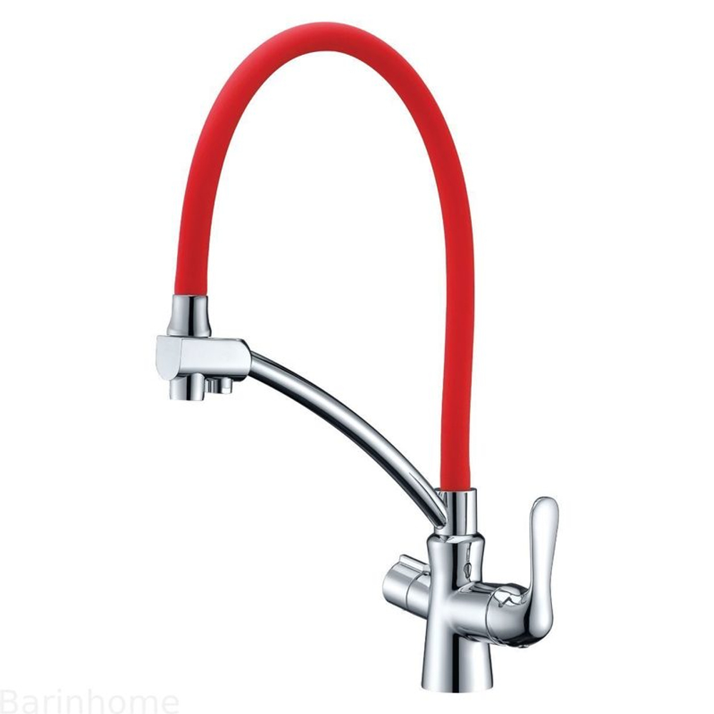LM3070C-Red Комфорт Смеситель для кухни, с гибким изливом, с подкл. к фильтру пит воды, хром красн