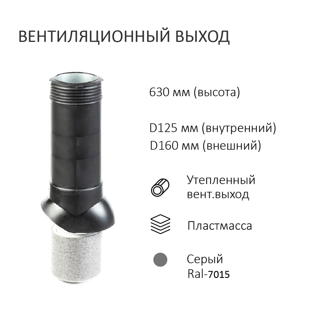 Турбодефлектор TD160 ОЦ, вент. выход утепленный высотой Н-700, для кровельного профнастила 35мм, серый