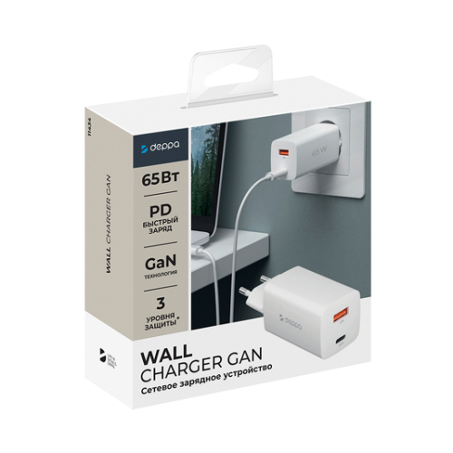 Сетевое зарядное устройство Wall Charger GaN USB A + USB-C, PD 3.0, QC 3.0, 65W, GaN