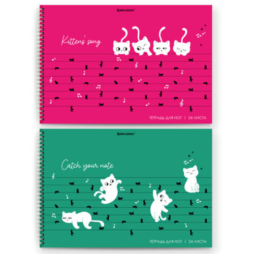 Тетрадь для нот А4 24л, обложка мелов. картон, горизонтальная, на гребне, BRAUBERG, Котики, 404641