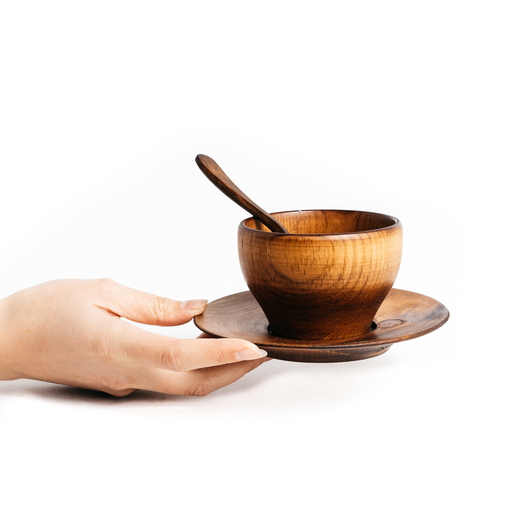 Деревянная чайная пара и ложка из сибирского кедра. NC16