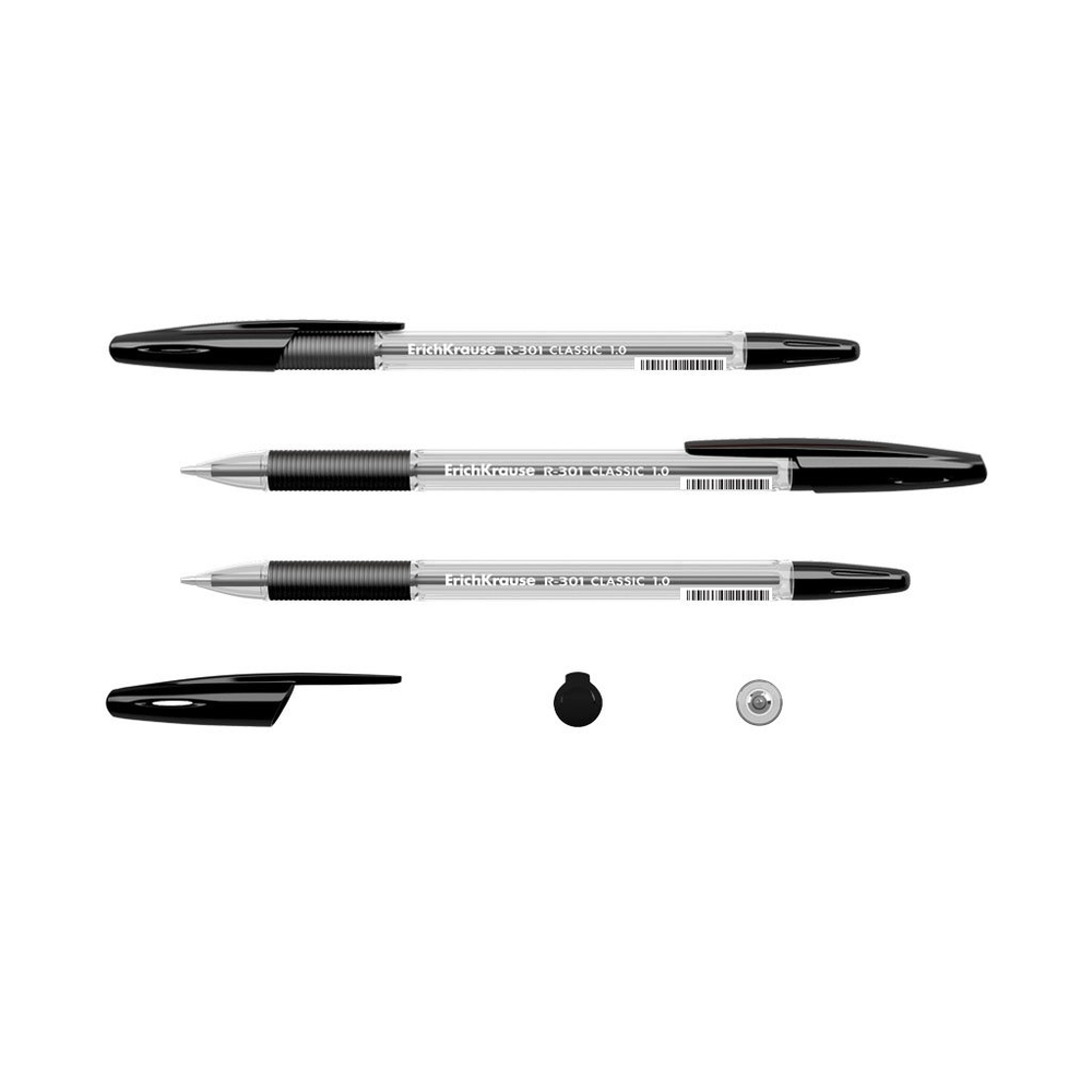 Ручка шариковая Erich Krause "R-301 Classic Stick&Grip", 1.0 мм, чёрная, резин. грип, шестигранный, прозрачный, пластик. корпус, карт. уп