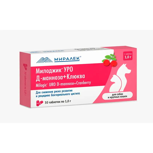 Милоджик УРО Д-манноза +Клюква 1г (1т.на 10кг) 30 таб. от цистита для собак и кошек