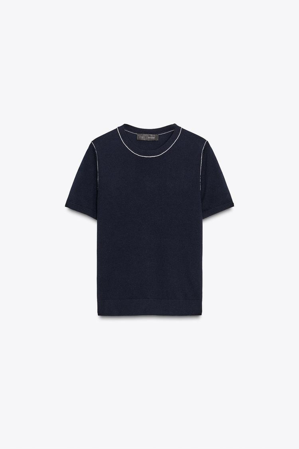 ZARA ТРИКОТАЖНЫЙ ТОП С КОРОТКИМИ РУКАВАМИ И ОТДЕЛКОЙ, МОРСКОЙ СИНИЙ