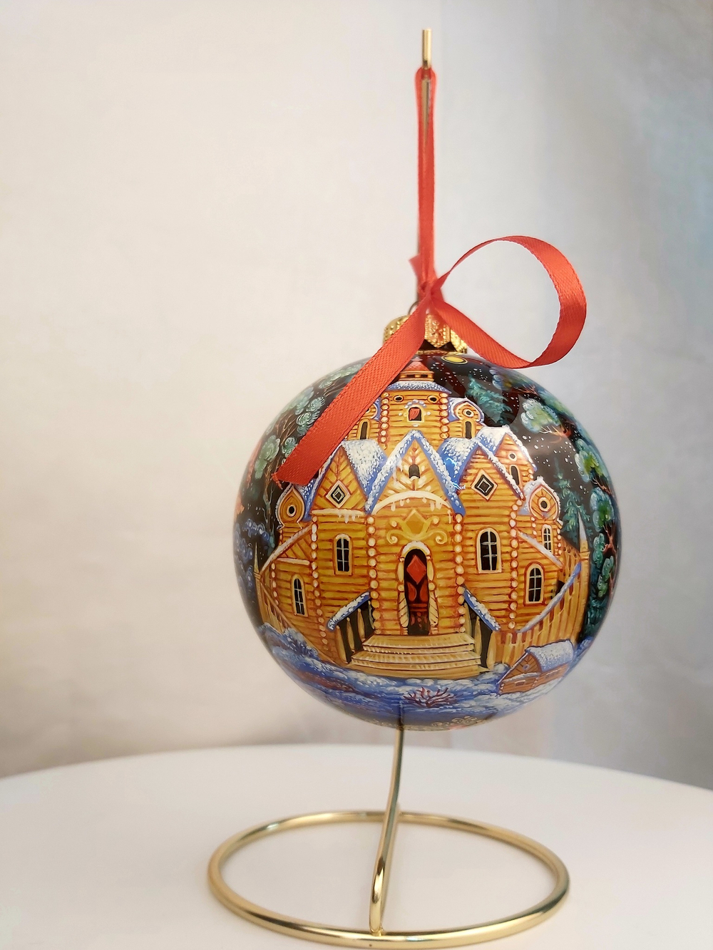 Шар новогодний с круговой росписью Палех"Зимняя тройка" в коробке