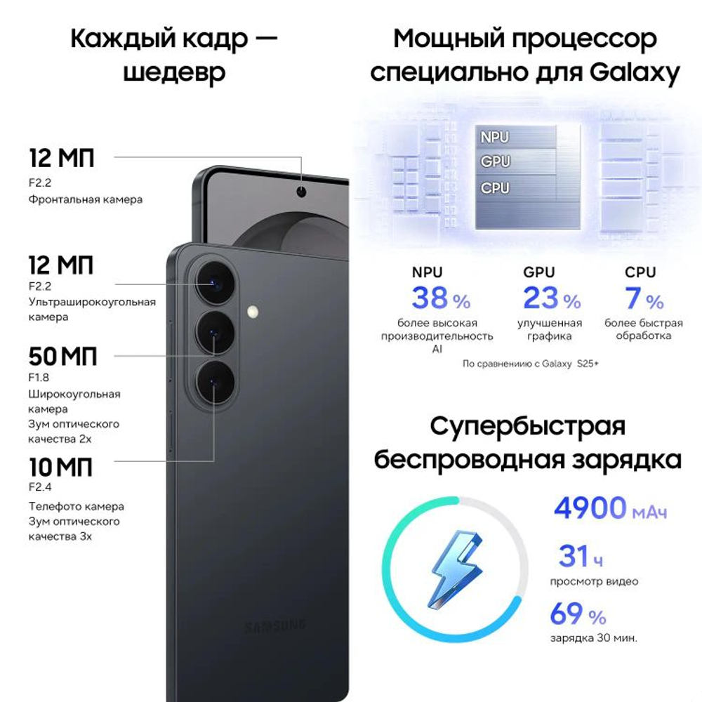 6.7" Смартфон Samsung Galaxy S26+ 12/256Gb,  SM-S947B,  NFC,  AMOLED,  120Гц,  4900мAч,  черный