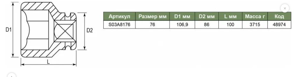 Головка торцевая JONNESWAY, S03A8176, ударная, 6-гранная, метрическая, 1"
