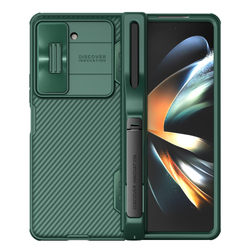 Чехол зеленого цвета (Deep Green) с держателем для S Pen на Samsung Galaxy Z Fold 5 от Nillkin, серия CamShield Fold Case-Pen Holder Version, с сдвижной шторкой для камеры