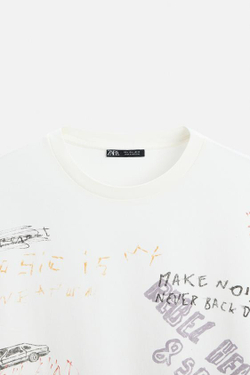 ZARA ФУТБОЛКА ИЗ ТКАНИ С ЭФФЕКТОМ ПОТЕРТОСТИ С ПРИНТОМ, ЭКРЮ