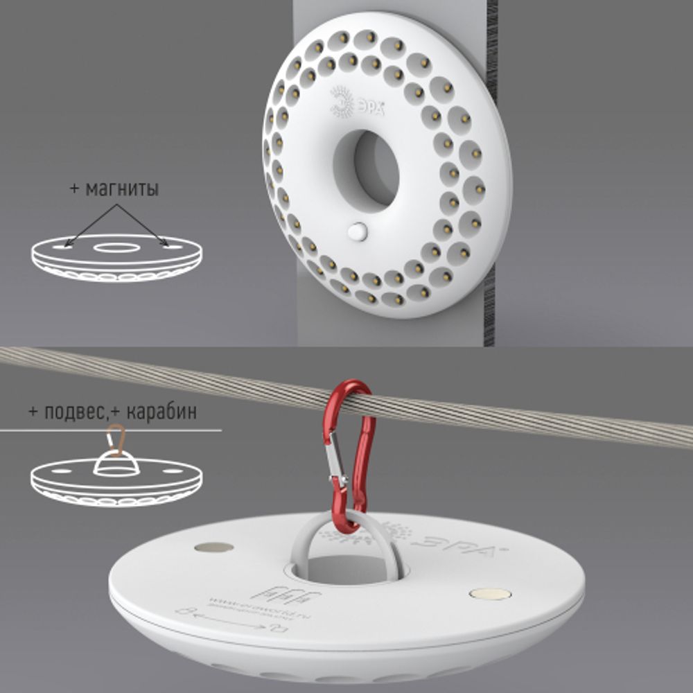 Фонарь кемпинговый светодиодный ЭРА KB-601 НЛО на батарейках с магнитом и карабином походный яркий светильник
