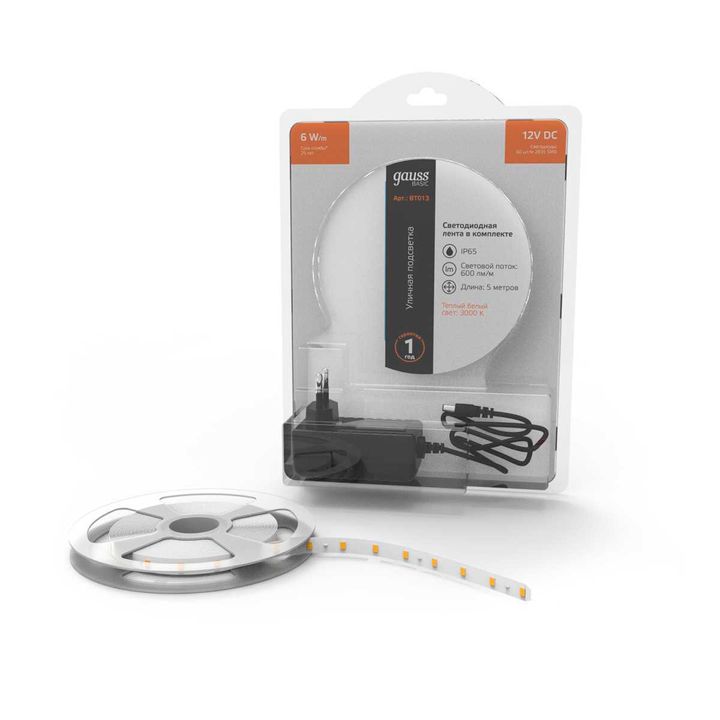 Светодиодная лента Gauss 6W/m 60LED/m 2835SMD теплый белый 5M BT013