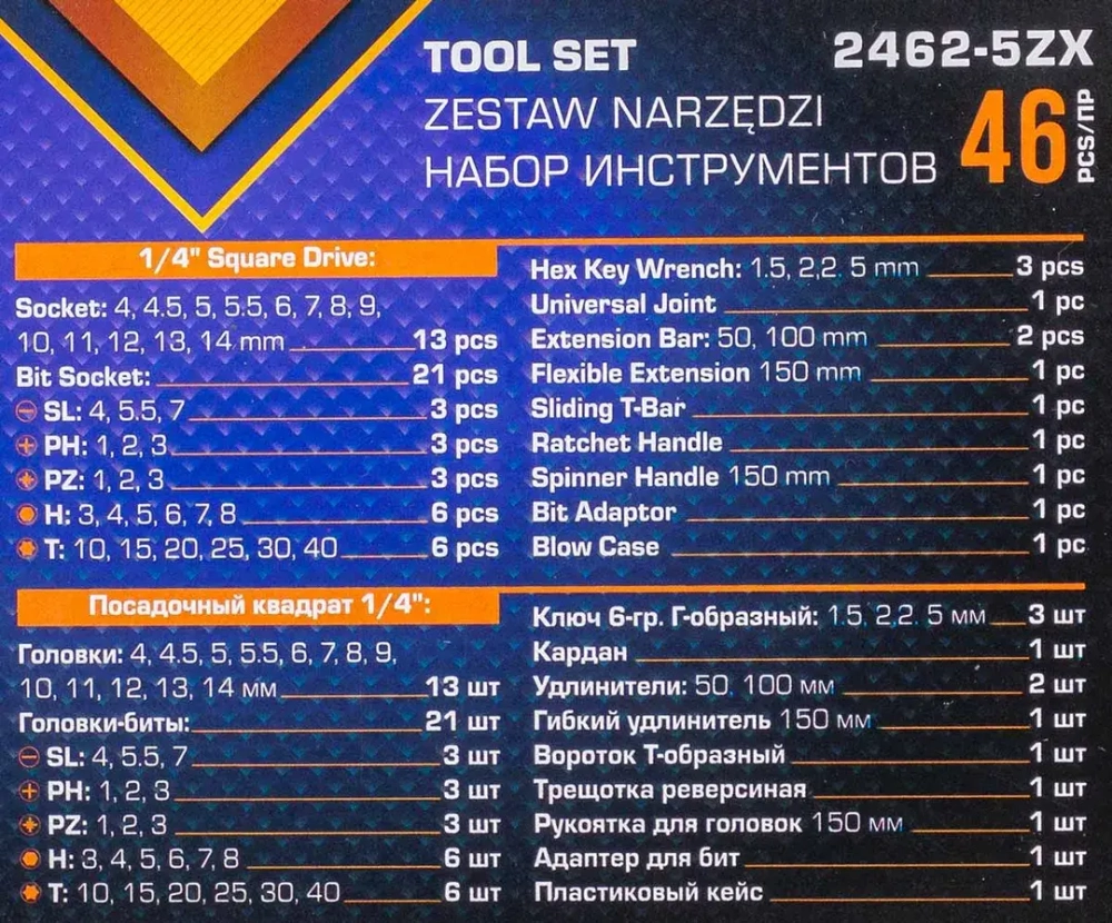 Набор инструментов 46пр, 1/4''( 6гр.) MEGATOOLS MT-2462-5ZX