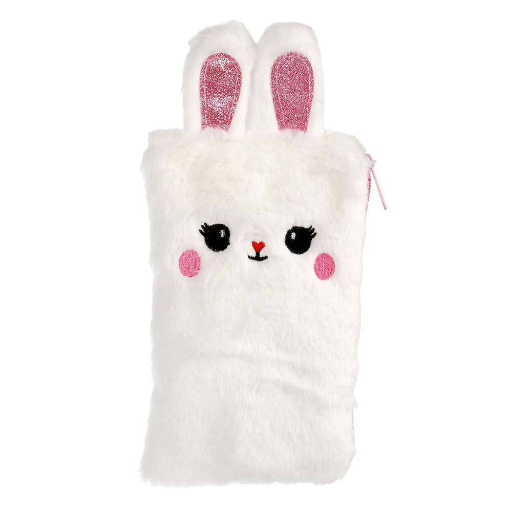 Пенал-косметичка меховой "Зайчик" 22*14. на молнии, уши с блестками, вышивка