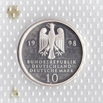 10 марок. 300 лет Франкскому благотворительному фонду (A). Серебро. 1998 г. PROOF. В родной запайке