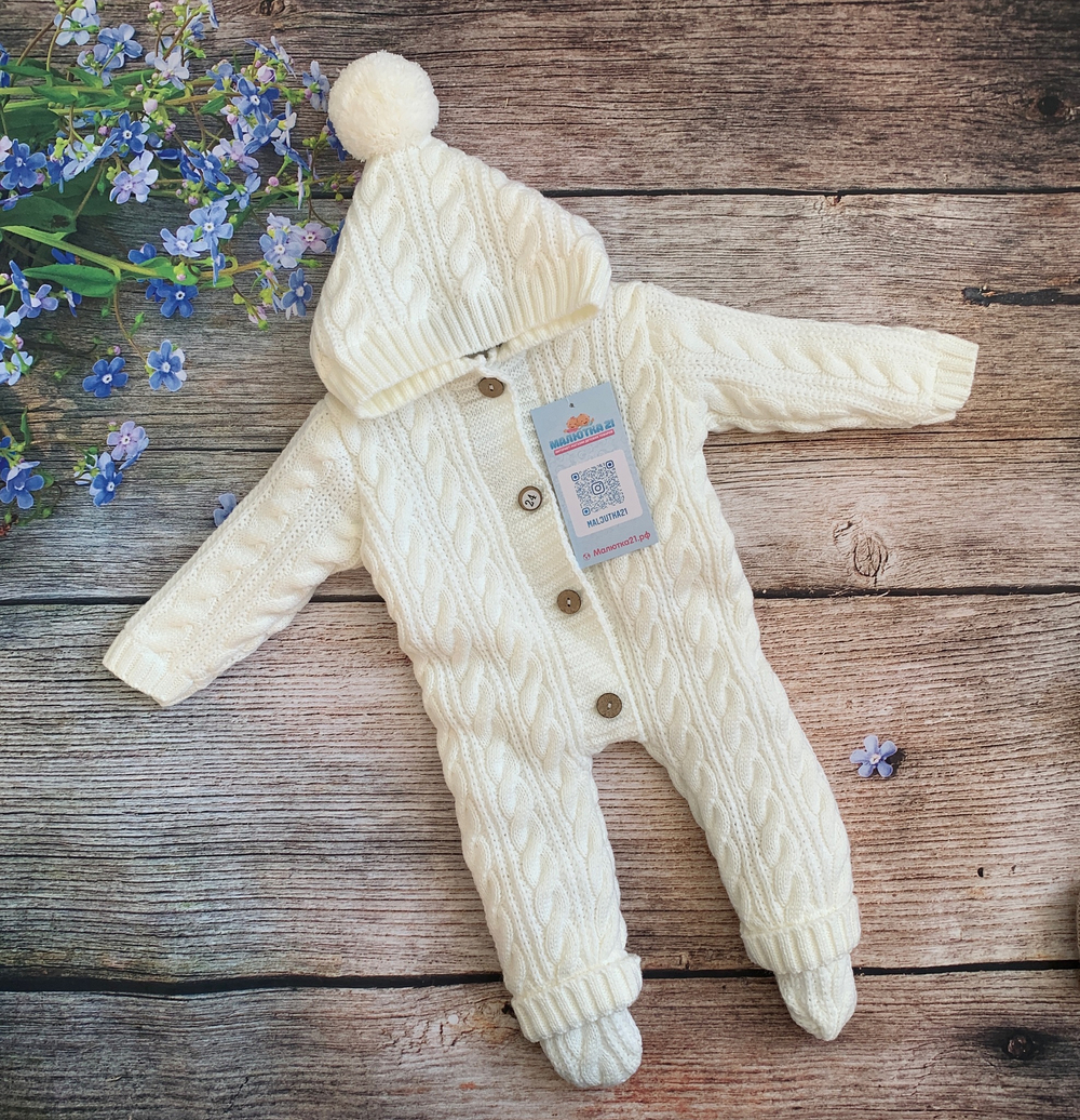 Комбинезон вязаный меховой капюшон с помпоном  "АйШах" (закрытые ножки) (Цвет: Фиолетовый, Размер: 24)