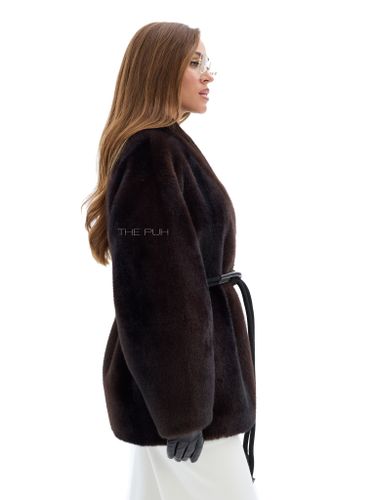 Темно-шоколадная шуба из эко-меха с поясом