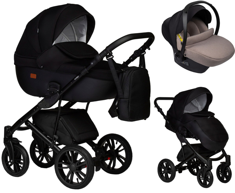 Детская коляска Indigo Mio S 3 в 1 с автокреслом Avionaut Cosmo Beige 02 черная кожа+черный