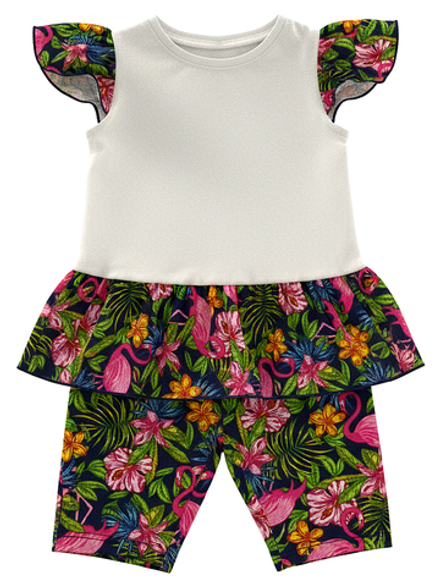 1019 Комплект для девочки (туника с велосипедками) молочный/набивка (64-122/128)