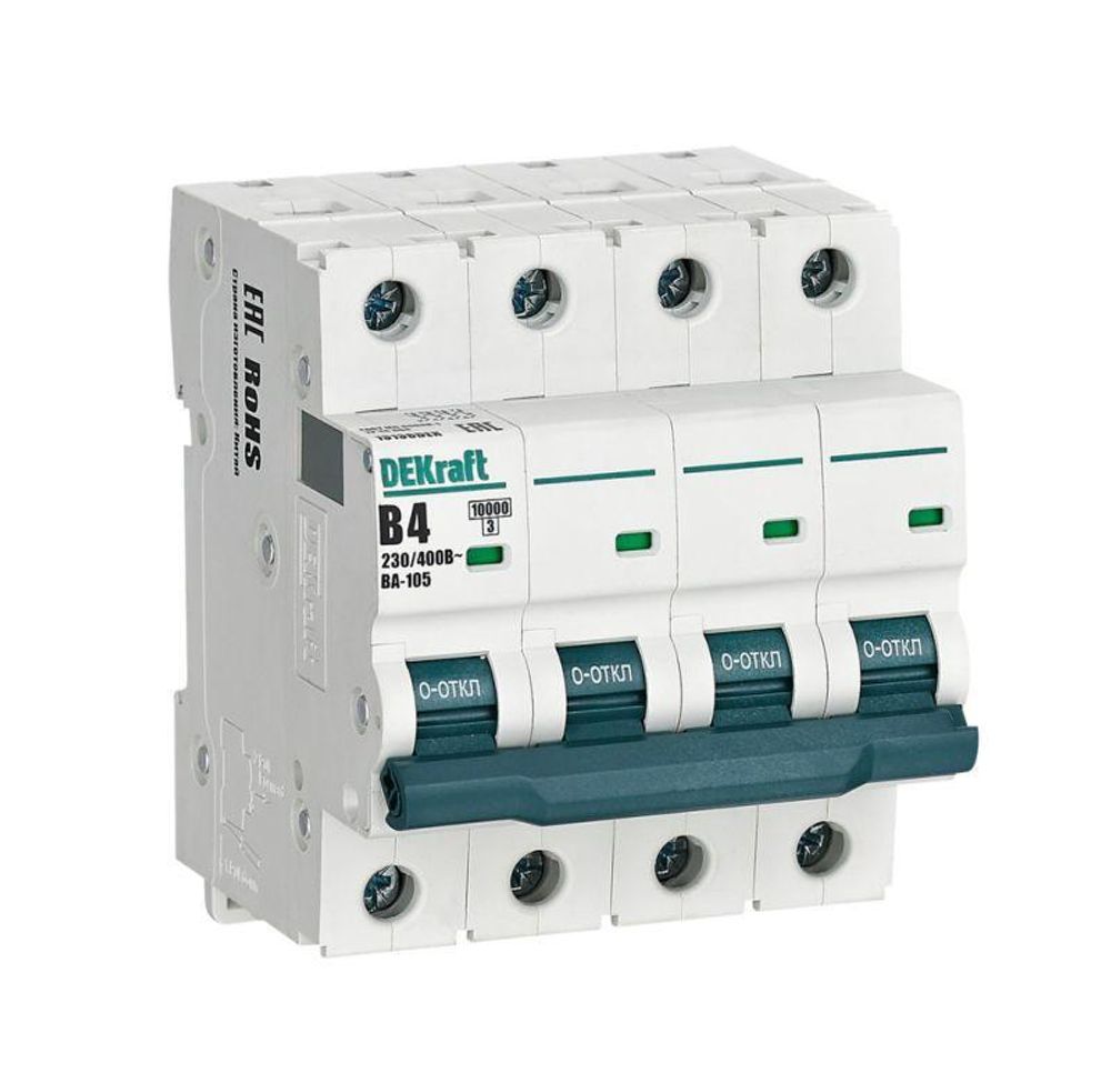 Выключатель автоматический модульный 4п B 4А 10кА ВА-105 DEKraft 13138DEK Выключатель автоматический модульный 4п B 4А 10кА ВА-105 DEKraft 13138DEK