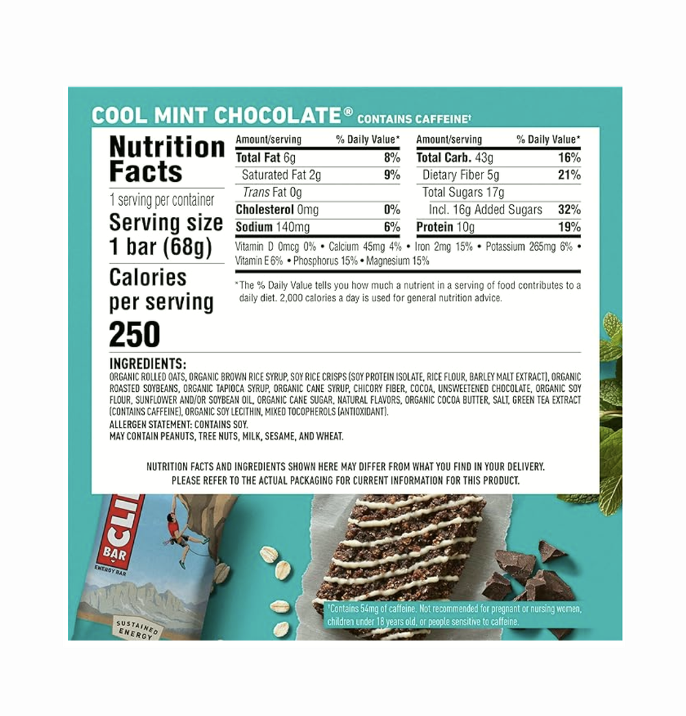 Clif Bar — Протеиновые батончики с мятным  шоколадом и кофеином — Сделано из органического овса — 10 г белка — Не содержит ГМО — На растительной основе — Энергетические батончики