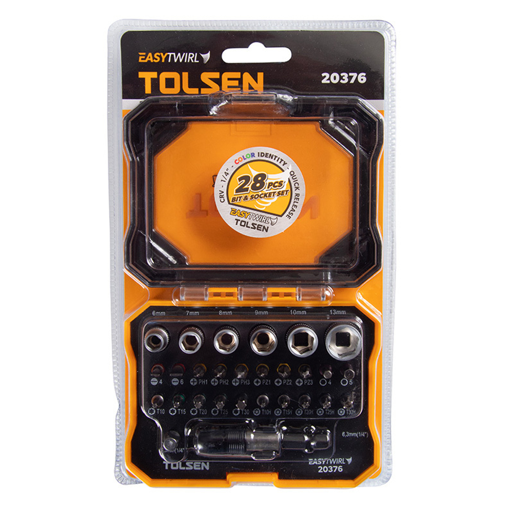 TOLSEN (TT20376) Набор вставок (бит) 1/4", PH, PZ, Hex, Torx, Slotted, TorxTR, 28 предметов