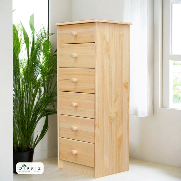 Dipriz Комод высокий Хаба из сосны, 6 ящиков, 43х34х102 см, прозрачный лак