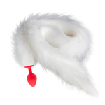Красная анальная пробка с длинным пушистым белым хвостиком (Цвет: белый)