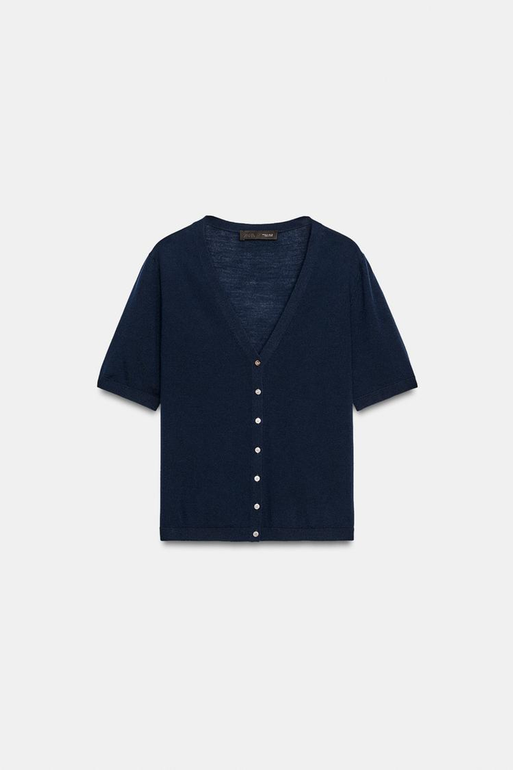 ZARA КАРДИГАН ИЗ 100% ЭКСТРАТОНКОЙ ШЕРСТИ С КОРОТКИМ РУКАВОМ, МОРСКОЙ СИНИЙ