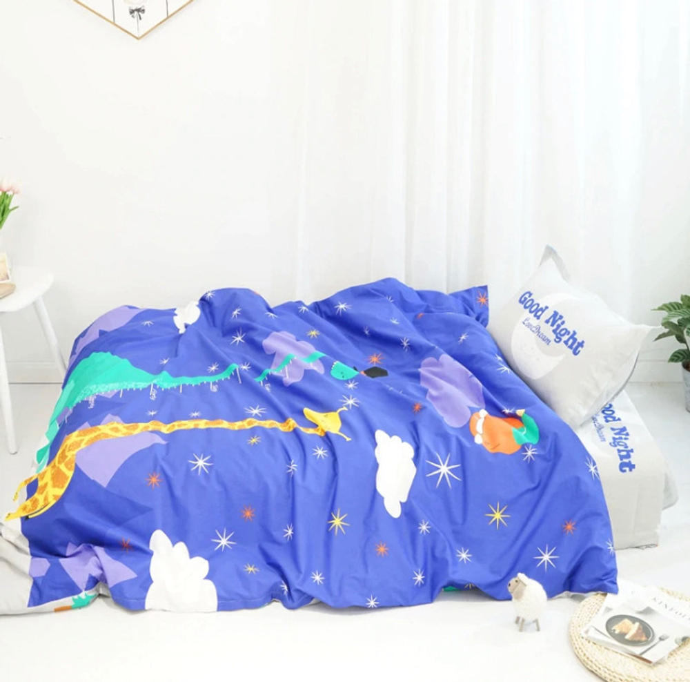 Постельное белье 1.5 Полуторка Сатин Детское Жирафы синие