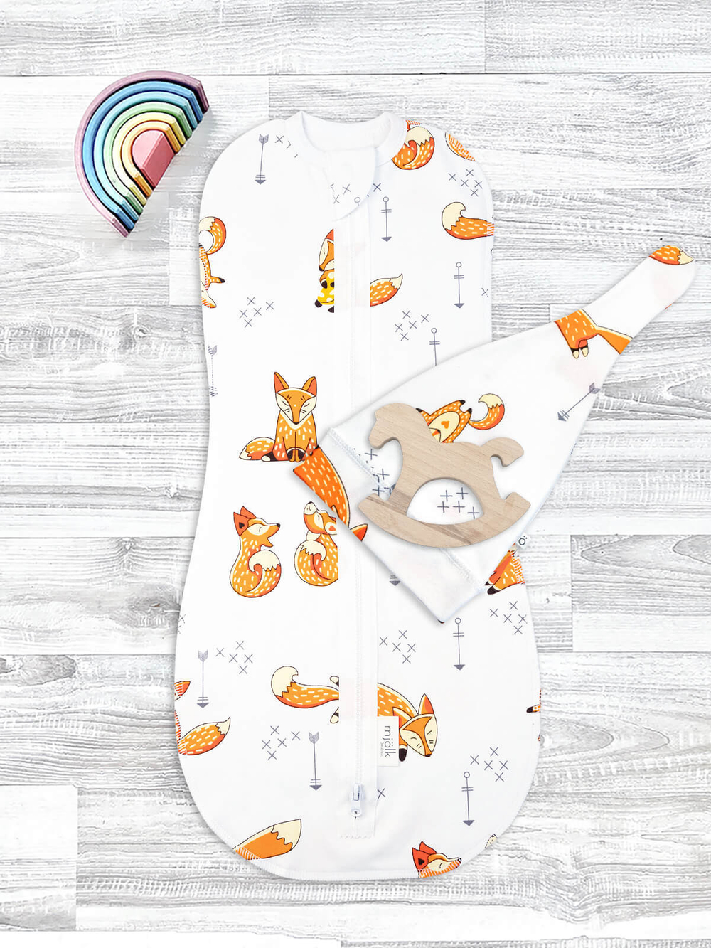 Пеленальный кокон и шапочка Mjölk Лисички