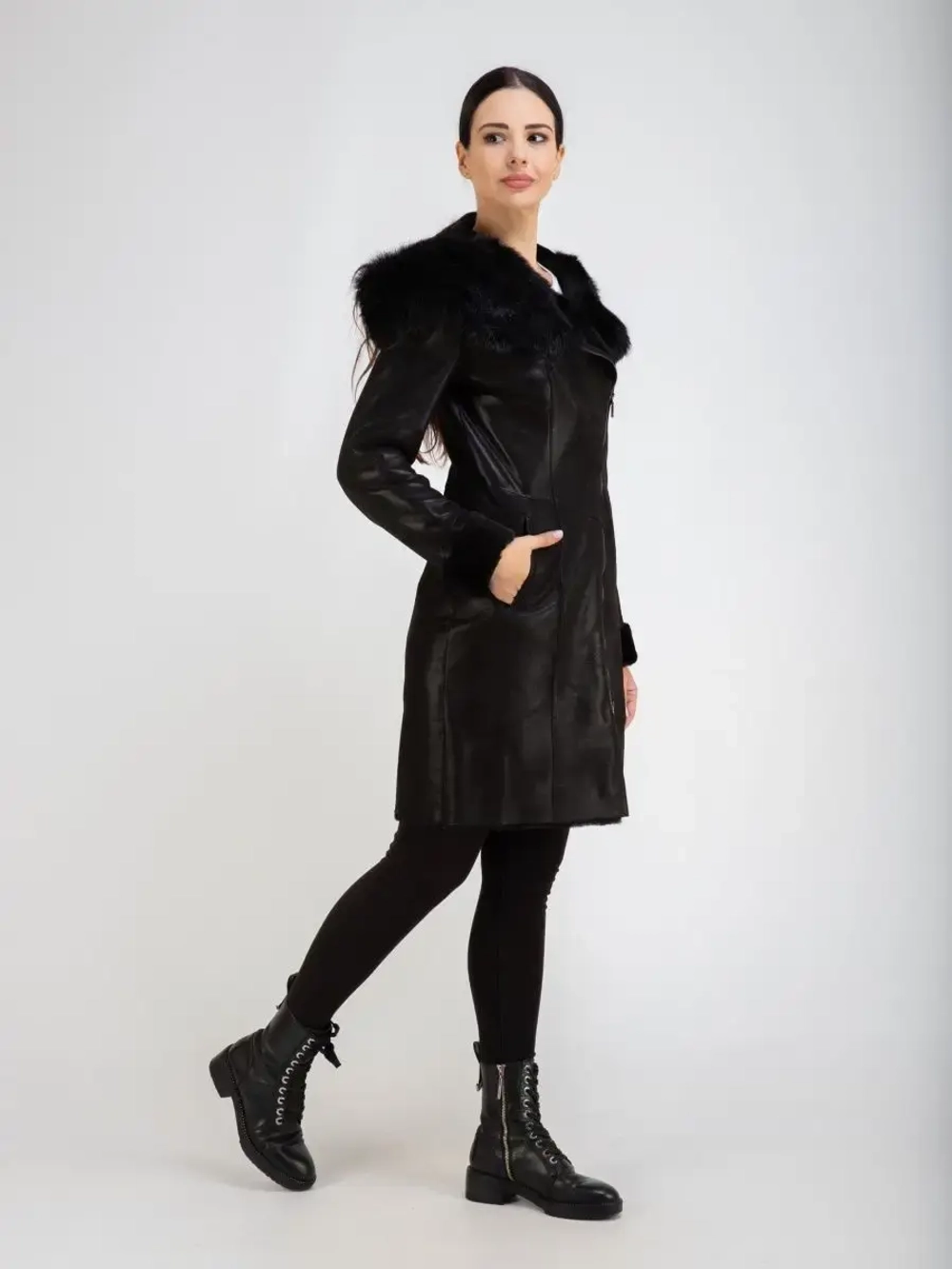 Дубленка женская натуральная длинная с капюшоном Турция