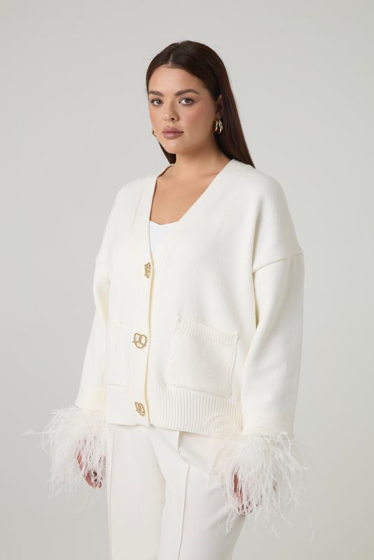 Кардиган вязаный с перьями, молочный
