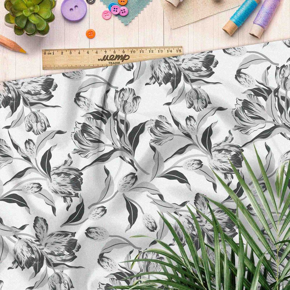 Ткань интерлок серые бутоны