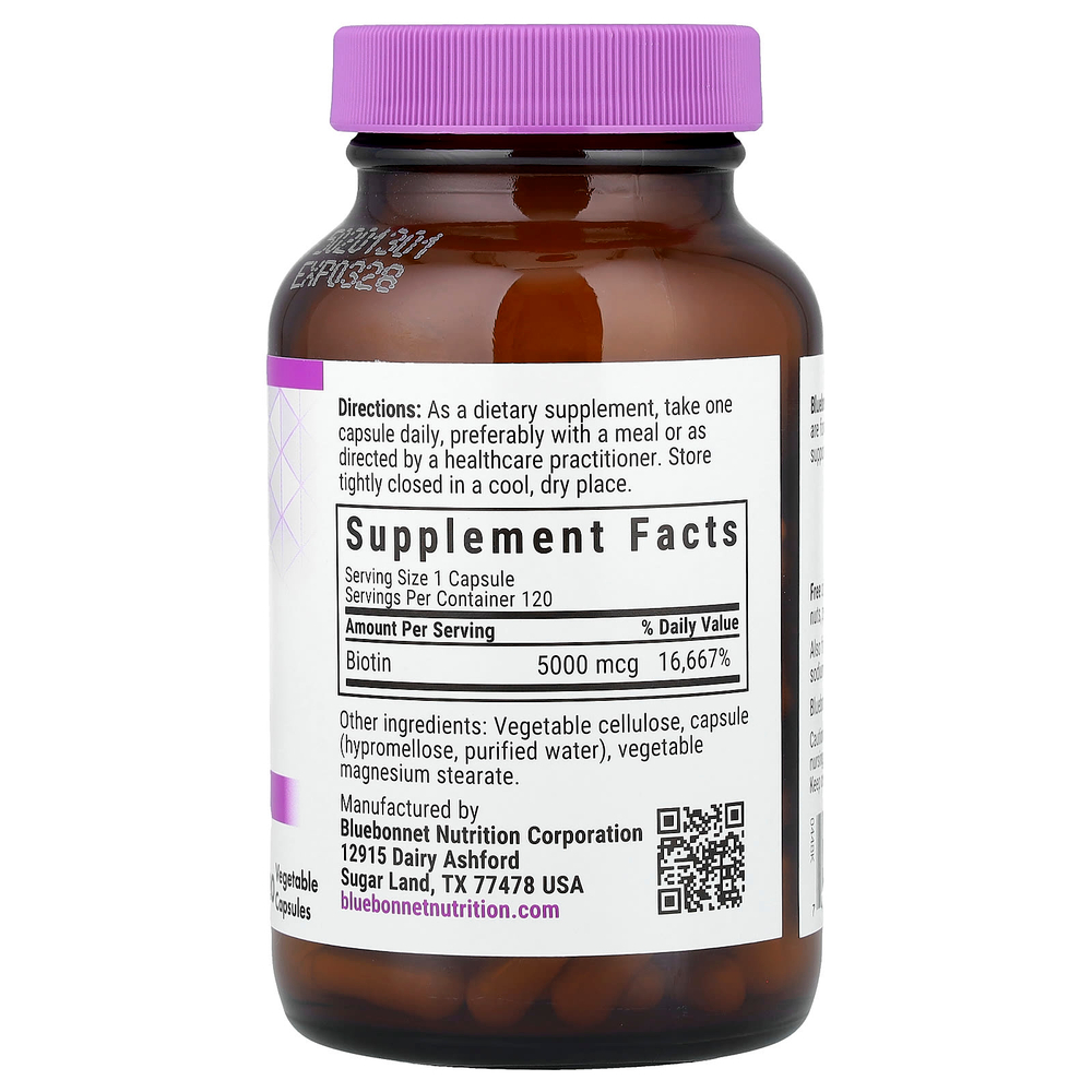 Bluebonnet Nutrition, Биотин, 5000 мкг, 120 растительных капсул