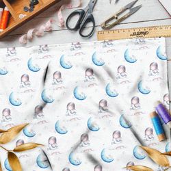 Ткань блэкаут девочка с кроликом и синие месяцы