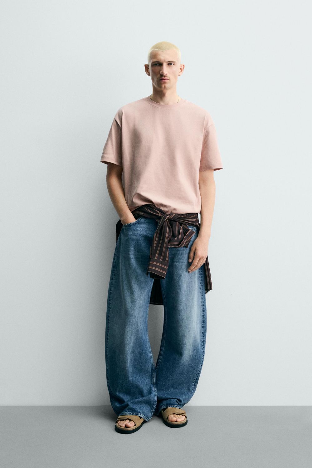 ZARA ФУТБОЛКА RELAXED FIT, ЛИНЯЛЫЙ РОЗОВЫЙ