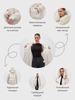 Куртка зимняя женская с мехом и капюшоном тренд бежевого цвета 7608B