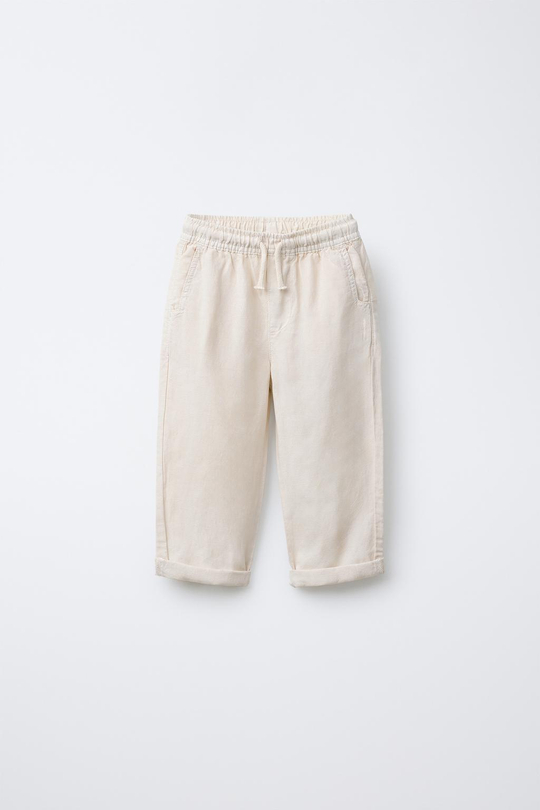 ZARA БРЮКИ ПРЯМОГО КРОЯ ИЗ СМЕСОВОГО ЛЬНА, ЭКРЮ