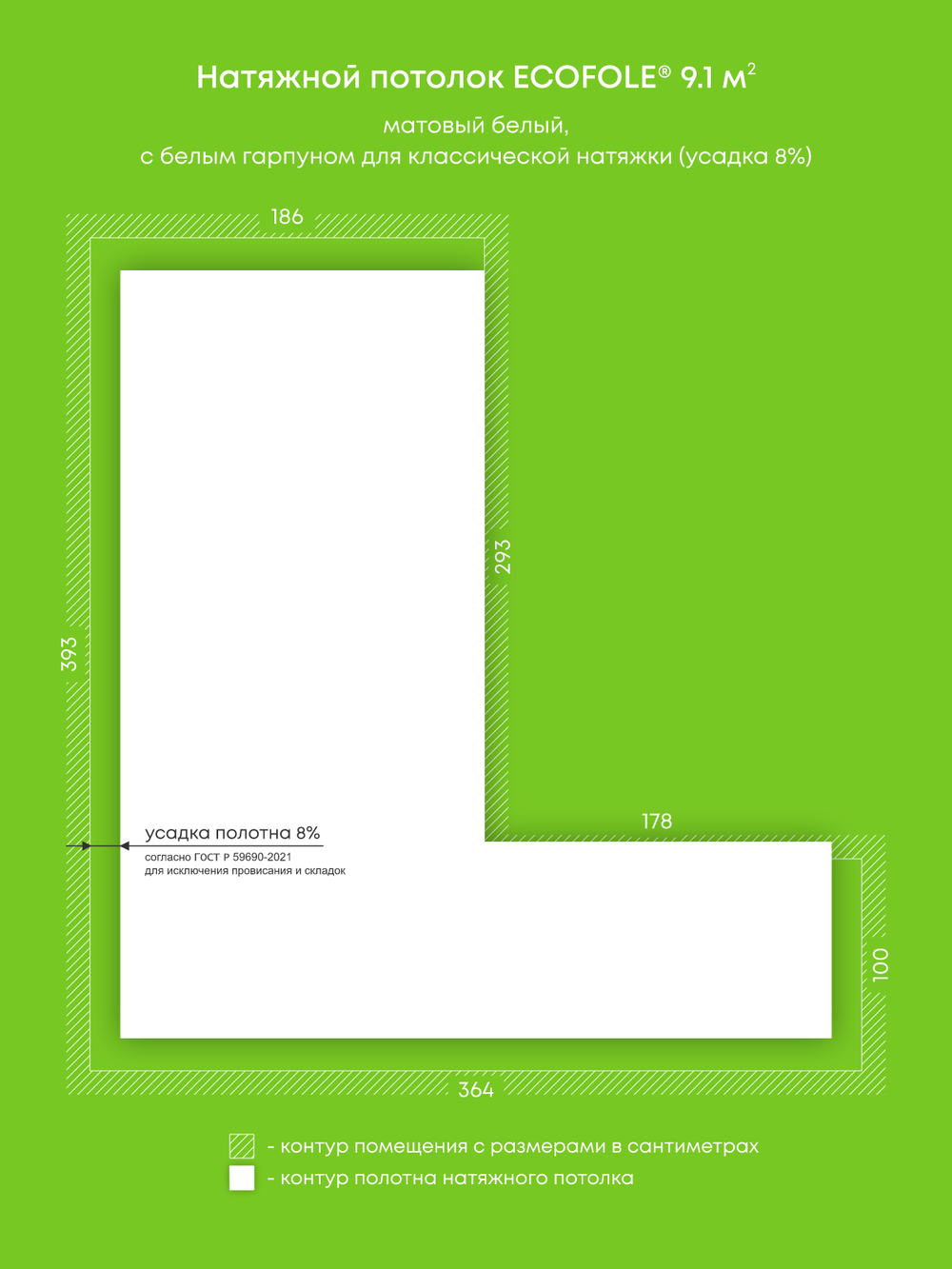 Матовый натяжной потолок 9.1 м2