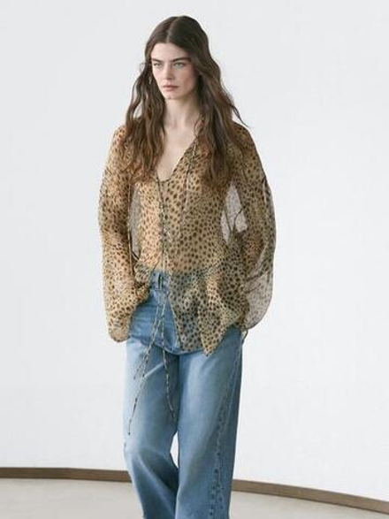Massimo Dutti Блуза из струящейся ткани с анималистическим принтом, жженый