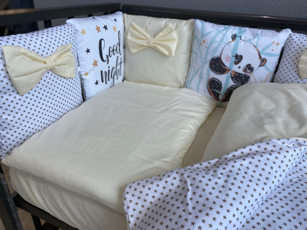 Комплект в кроватку 18 предметов "Панда" жёлтый, сатин