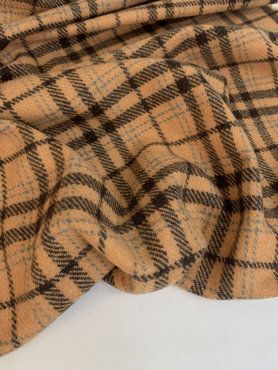 Костюмная шерсть принт клетка, абрикос/коричневый, AVI#34