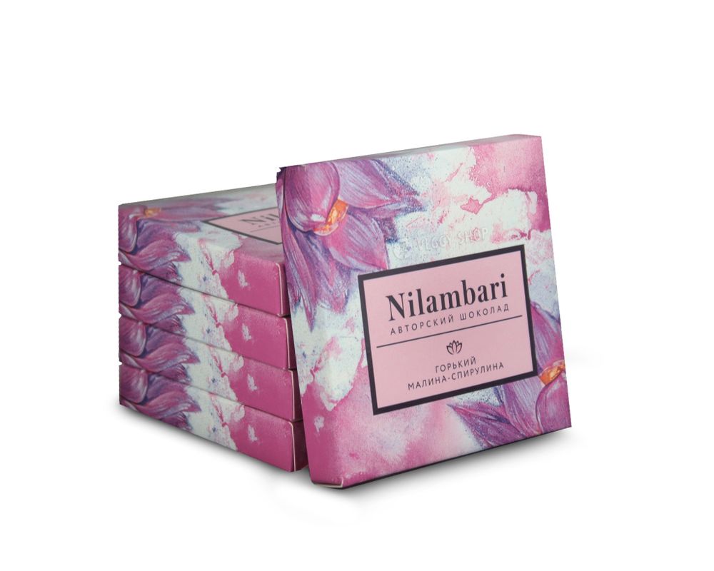 Шоколад Nilambari Веганский горький с малиной и спирулиной, 65 г